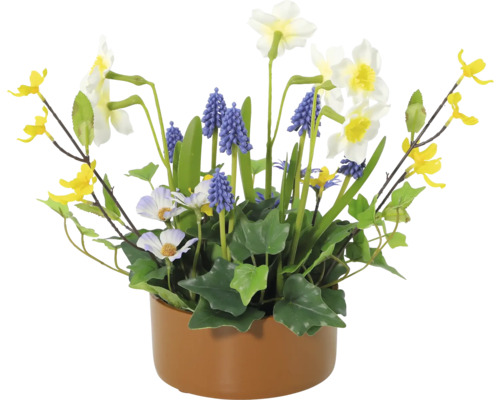 Aranjament floral cu narcise, zambile strugure și flori decorative galbene în ghiveci