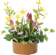 Aranjament floral cu diverse flori artificiale într-un ghiveci