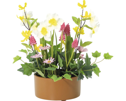 Aranjament floral cu diverse flori artificiale într-un ghiveci