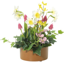 Aranjament floral artificial cu narcise, flori roz și galbene într-un ghiveci maro