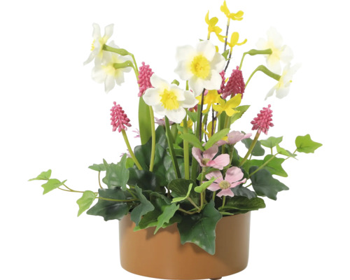 Aranjament floral artificial cu narcise, flori roz și galbene într-un ghiveci maro