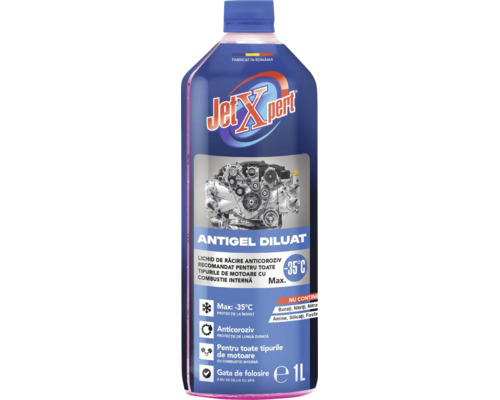 Antigel diluat JetXpert, 1 litru, anticoroziv, pentru motoare cu combustie internă, gata de folosire până la minus 35 grade Celsius.