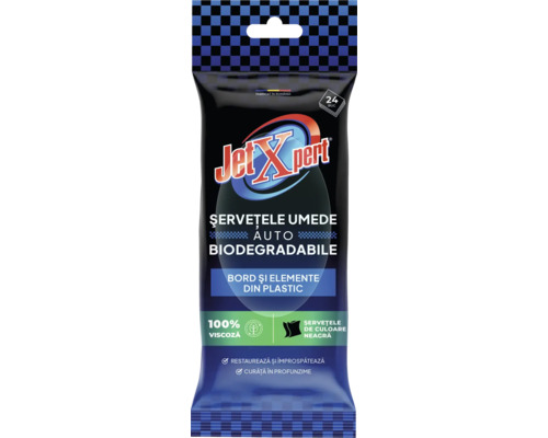 JetXpert Logo, 24 șervețele umede auto biodegradabile pentru bord și elemente din plastic, 100 la sută viscoză.