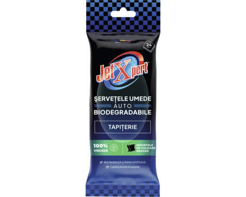 Jet Xpert Logo, pachet 24 șervețele umede biodegradabile din viscoză neagră pentru tapițerie auto, pentru curățare profundă și împrospătare.