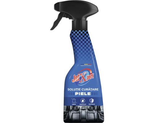 Soluție de curățare piele Jet Xpert în flacon albastru cu pulverizator. Curăță, degresează și protejează suprafețele din piele.