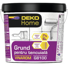 Grund pentru tencuială DEKO Home Vinarom G8100 în găleată cu ilustrații de pensulă și trafalet.