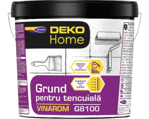 Grund pentru tencuială DEKO Home Vinarom G8100 în găleată cu ilustrații de pensulă și trafalet.