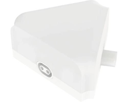 Conector de colț alb din plastic pentru corpuri de iluminat sub dulap cu conexiune pe ambele părți.