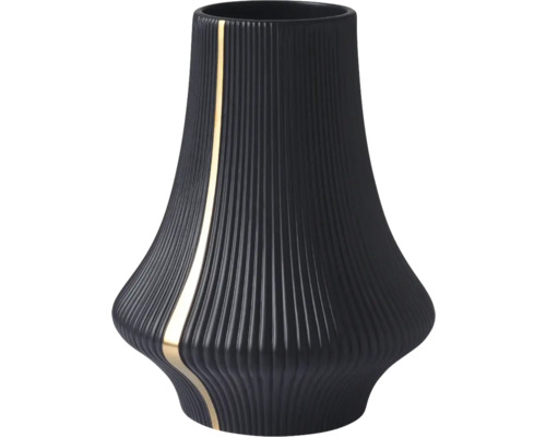 Vază neagră din ceramică cu structură canelată și o dungă verticală aurie