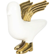 Figurină decorativă pasăre din ceramică, albă cu aripi și cizme aurii.