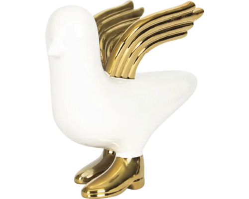Figurină decorativă pasăre din ceramică, albă cu aripi și cizme aurii.