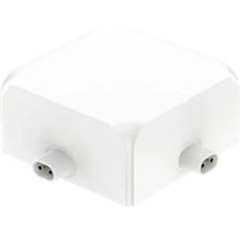 Conector de colț din plastic alb pentru sisteme de iluminat cu două conexiuni bipolare.