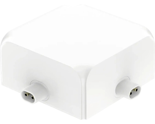 Conector de colț din plastic alb pentru sisteme de iluminat cu două conexiuni bipolare.