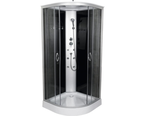 Cabină de duș completă cu panou de duș, duș de mână și jeturi de masaj.