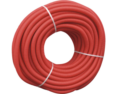 Rolă de tub flexibil corugat roșu din plastic pentru instalații electrice.