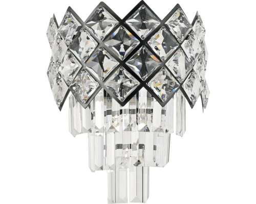 Aplică de perete cu cadru metalic negru și cristale din sticlă transparentă în formă de romb și prismă.