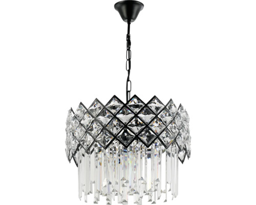 Lustră cu aspect de cristal, cadru metalic negru, model în formă de romb și prisme din sticlă suspendate.