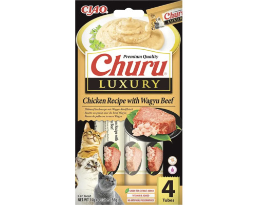 Recompense pentru pisici Ciao Churu Luxury, rețetă de pui cu vită Wagyu, fără cereale, 4 tuburi a 14 grame.