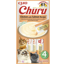Gustare Ciao Churu pui și somon, recompensă cremoasă în 4 tuburi de 14 grame, cu vitamina E și fără conservanți artificiali.