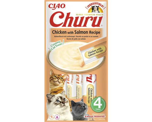 Gustare Ciao Churu pui și somon, recompensă cremoasă în 4 tuburi de 14 grame, cu vitamina E și fără conservanți artificiali.