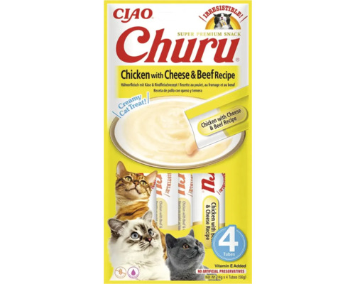 Gustare cremoasă pentru pisici Ciao Churu, rețetă cu pui, brânză și vită, 4 tuburi de 14 grame.