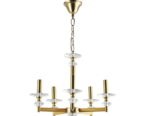 Lustră cu cinci brațe din metal de culoarea alamei cu elemente din sticlă și suspensie pe lanț.