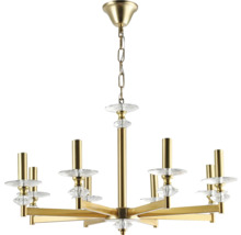 Candelabru cu opt brațe din metal auriu cu elemente decorative din sticlă și un lanț de suspendare.