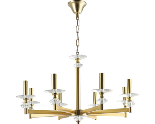 Candelabru cu opt brațe din metal auriu cu elemente decorative din sticlă și un lanț de suspendare.
