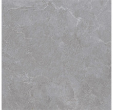 Placă de gresie pătrată gri din porțelan cu aspect de piatră naturală și nervuri fine.