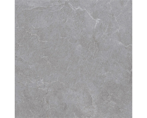 Placă de gresie pătrată gri din porțelan cu aspect de piatră naturală și nervuri fine.