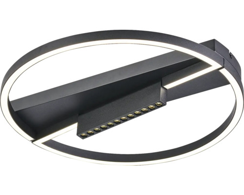 Plafonieră LED modernă în formă de inel, neagră, cu bandă luminoasă integrată și spoturi LED suplimentare.