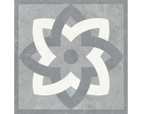 Placă ceramică pătrată cu model geometric în formă de stea cu aspect de piatră și bordură decorativă.