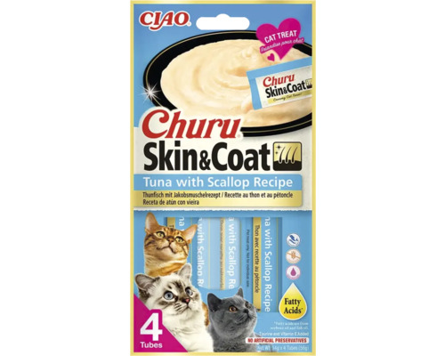 Gustare pentru pisici CIAO Churu Skin și Coat, rețetă cu ton și scoici, 4 tuburi de 14 grame
