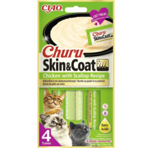Gustare pentru pisici Ciao Churu Skin și Coat, pui cu scoici, piure cremos, 4 tuburi de 14 grame, fără cereale, pentru piele și blană.