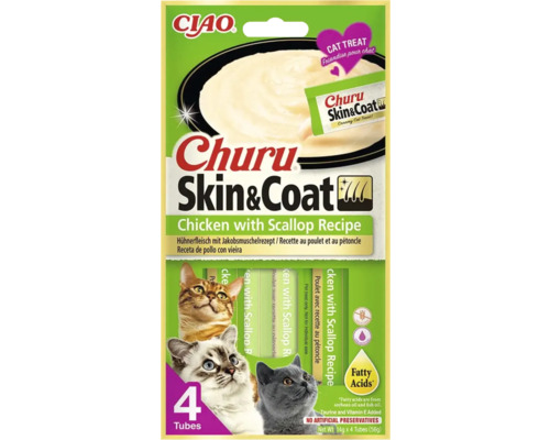 Gustare pentru pisici Ciao Churu Skin și Coat, pui cu scoici, piure cremos, 4 tuburi de 14 grame, fără cereale, pentru piele și blană.