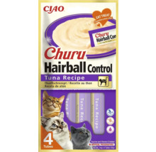 Recompensă pentru pisici CIAO Churu Hairball Control, rețetă cu ton, 4 tuburi a câte 14 grame, fără cereale, fără conservanți artificiali.
