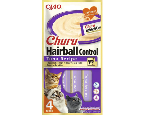 Recompensă pentru pisici CIAO Churu Hairball Control, rețetă cu ton, 4 tuburi a câte 14 grame, fără cereale, fără conservanți artificiali.