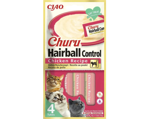 Ciao Logo, recompensă pentru pisici Churu Hairball Control rețetă cu pui, 4 tuburi, 56 grame, fără cereale, fără conservanți artificiali.