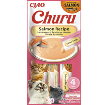 Gustări pentru pisici Ciao Churu cu somon, patru tuburi de gustare lichidă, pachet de 56 grame, fără cereale.