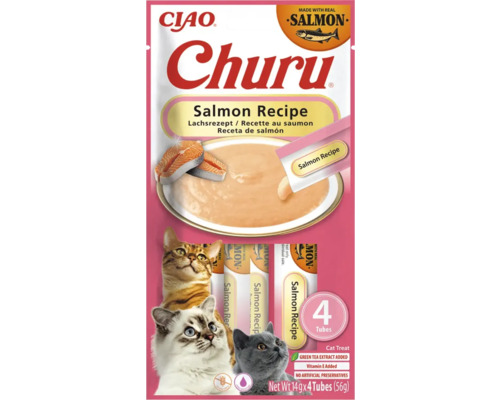 Gustări pentru pisici Ciao Churu cu somon, patru tuburi de gustare lichidă, pachet de 56 grame, fără cereale.