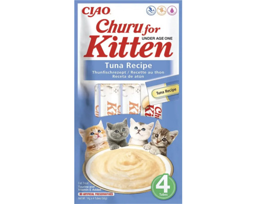 CIAO Churu for Kitten Rețetă cu ton, gustare pentru pisicuțe sub un an, 4 tuburi a câte 14 grame fiecare, conține taurină și vitamina E.