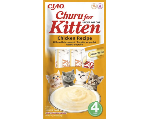 Recompensă Ciao Churu pentru pisoi sub un an, rețetă cu pui, patru tuburi de paisprezece grame, fără cereale, umiditate ridicată.