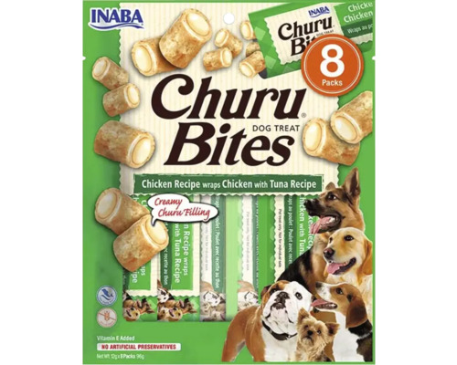 Gustări pentru câini Inaba Churu Bites, pui cu umplutură de ton, bucățele moi cu umplutură cremoasă, pachet de 8, Inaba Logo.