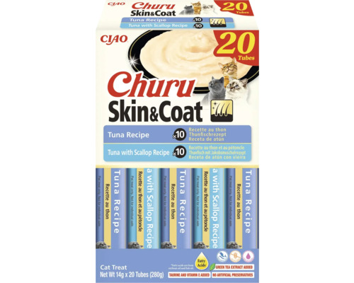 Recompensă pentru pisici Ciao Churu Skin și Coat, pachet cu 20 de tuburi, rețete cu ton și ton cu scoici, fără cereale.