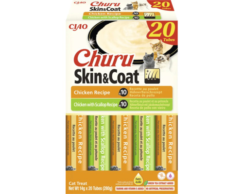 Ciao Logo, recompensă pentru pisici Churu Skin și Coat, 20 de tuburi a 14 grame, pui și scoici, fără cereale, cu vitamina E.