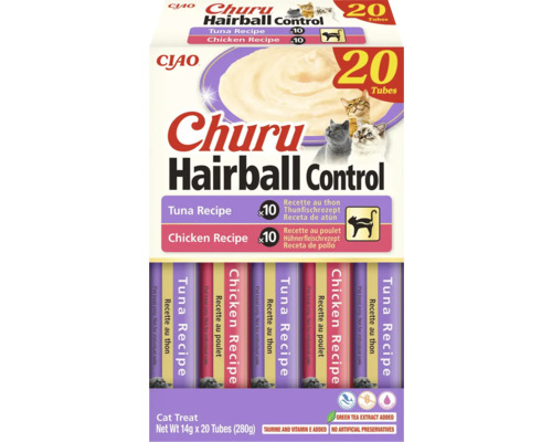 Gustare pentru pisici CIAO Churu Hairball Control, 20 tuburi cu rețetă de ton și pui, pachet de 280 grame, fără cereale, CIAO Logo.