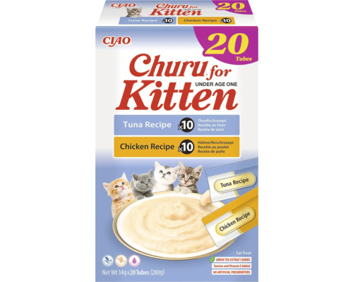 Gustare lichidă Ciao Churu pentru pisicuțe, pachet cu 20 de tuburi, rețete cu ton și pui, 280 de grame.
