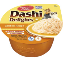 Hrană complementară pentru pisici Inaba Dashi Delights rețetă cu pui, fulgi în supă dashi, pahar de 70 grame, fără cereale.