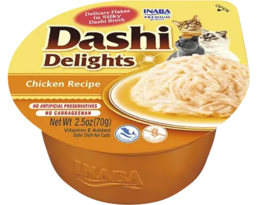 Hrană complementară pentru pisici Inaba Dashi Delights rețetă cu pui, fulgi în supă dashi, pahar de 70 grame, fără cereale.