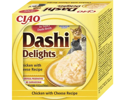 Hrană pentru pisici Ciao Dashi Delights, rețetă cu pui și brânză în supă Dashi, 70 grame.